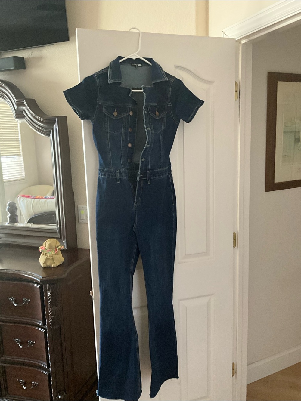 Fashion Nova Dark Indigo Denim Jumpsuit with Short Sleeves